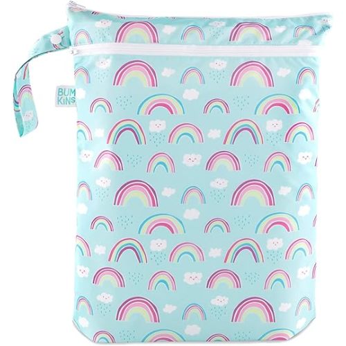Bumkins Waterproof Wet Dry Bag for Baby, Travel, Swim Suit, Cloth Diaper, Pump Parts, Pool, Beach, Gym Clothes, Toiletry, Hook to Stroller, Daycare, Zipper Reusable Wetdry Packing Pouch, Rainbows Blue