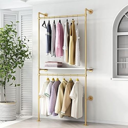 DR.IRON Gold Pipe Clothing Racks with Shelves, Wall Mounted Heavy Duty Gold Clothes Rack with Double Hanging Rods for Hanging Clothes, Laundry Room