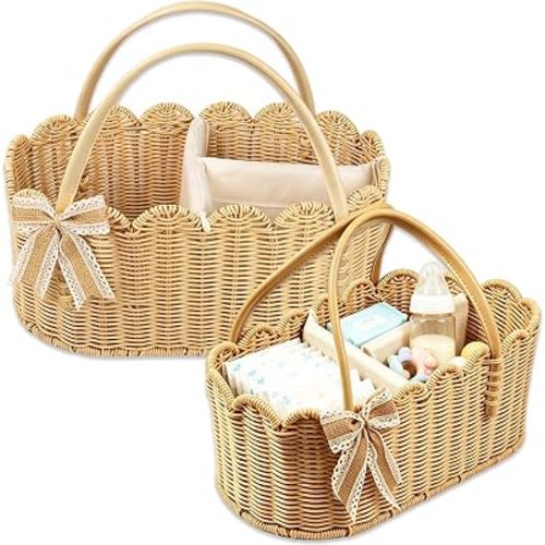 2pcs Rattella Premium Scalloped Rattan Baby Diaper Caddy Organizer 16.14*10*7.2/13.9*8*6in Handwoven Wicker Nursery Storage Basket with Removable Divider & Gift Bow - Boho Baby Registry (Khaki 2)