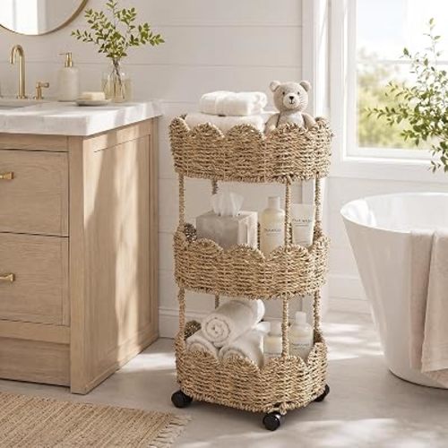 AceOrbit 3-Tier Scalloped Seagrass Rolling Cart Oval Seagrass Scalloped Storage Basket with Wheels for Nursery Caddy Utility Cart Storage Organization for Craft Bathroom Laundry Living Room