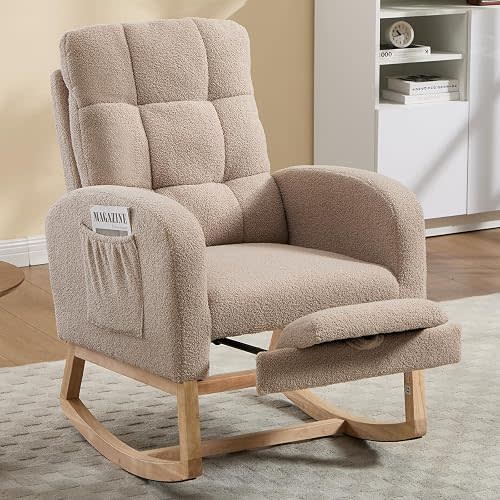 Teddy Boucle - Mecedora tapizada para guardería, con reposapiés ajustable, respaldo alto con bolsillos laterales, cómoda silla de lectura para sala de estar (marrón)