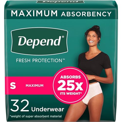 Depend Fresh Protection Adult Incontinence & Postpartum Bladder Leak Underwear for Women, Disposable, Maximum, Small, Blush, 32 Count, Packaging May Vary - Small (32 Count)