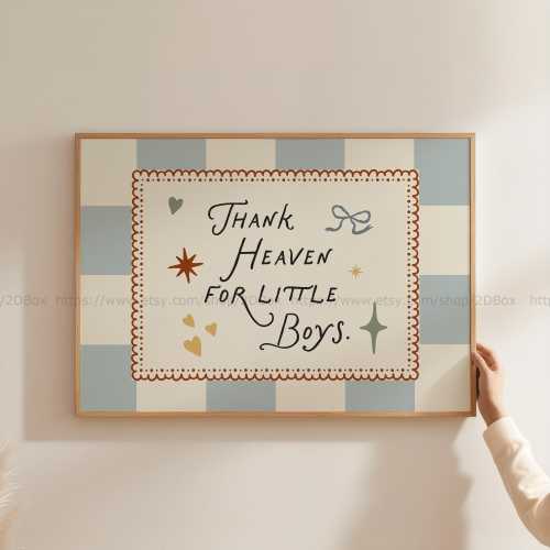 Thank Heaven for Little Boys Horizontal Nursery Print Blue Vintage Baby Boy Wall Art Retro Kids Room Decor Christian Baby Gift