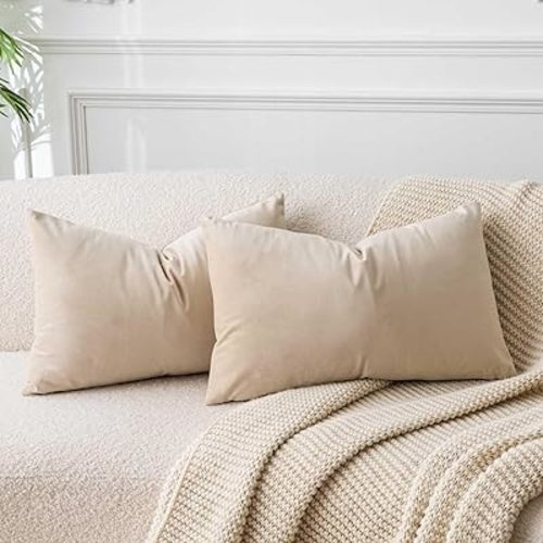 JUSPURBET Khaki Lumbar Velvet Throw Pillow Covers 14x24 inch Set of 2 for Living Room Couch Sofa Bedroom Decorative Rectangle Solid Soft Cushion Cases with Invisible Zipper