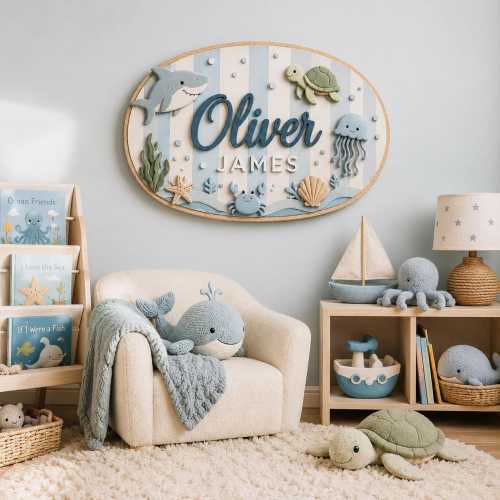 Personalized Ocean Nursery Name Sign, Shark Turtle Wooden Wall Art, Custom Baby Boy Room Decor, Sea Animal Baby Shower Gift