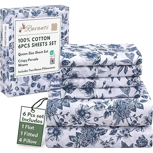 RUVANTI 6 Pcs Cotton Sheets - 100% Natural Cotton Soft, Lightweight & Breathable Crispy Percale Bed Sheets, Queen Sheet Set 16" Deep Pockets, Wild Flower