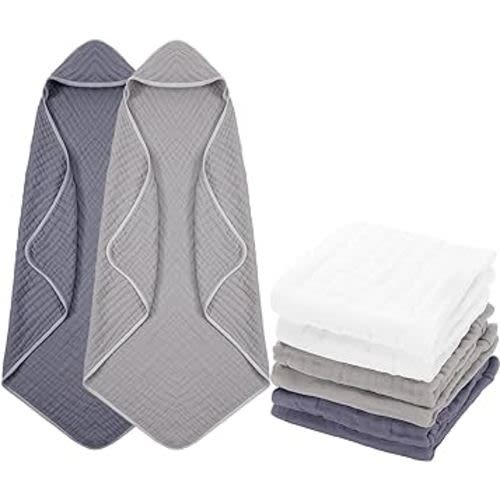 8 Pack Baby Bath Towels and Wash Cloth Set Muslin Hooded Soft 100% Cotton Baby Hooded Bath Towel Absorbent Towels Cloths for Babies, Infant, Toddler and Kids Newborn(Gray Series)