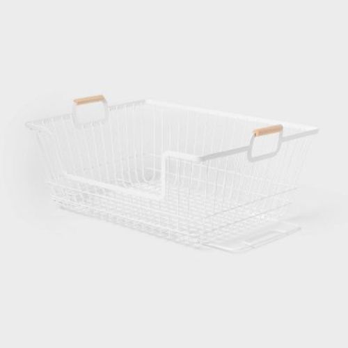Stacking Wire Laundry Basket with Wooden Handles - Brightroom™: Large White Metal Hamper for Sorting Laundry