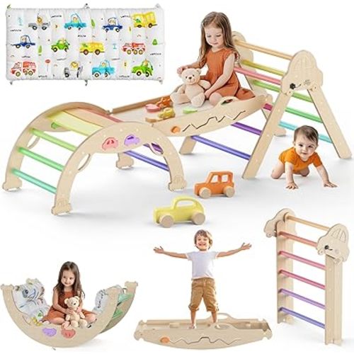 Pikler Triangle Set with Cushion 9 in 1 Foldable Montessori Climbing Toys for Toddlers 1-3 Indoor Wooden Kids Playground Baby Climbing Toys with Maze Toys, Shape Sorter Toys, Car Toys