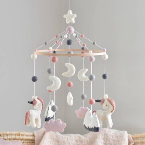 Unicorn Baby Mobile, Nursery Mobile, Cot Mobile, Crib Mobile, Baby Girl Mobile, Felt Ball Mobile, Nursery Decor, Baby Shower, Felt Mobile