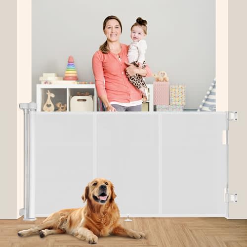 Miumoon Upgrade 71" Retractable Baby Gates with Reinforced Strip Design to Prevent Crawling Through, 34" Tall Retractable Gate for Baby and Pet, 6 FT Baby Gates for Stairs, Doorways, Hallways(White)