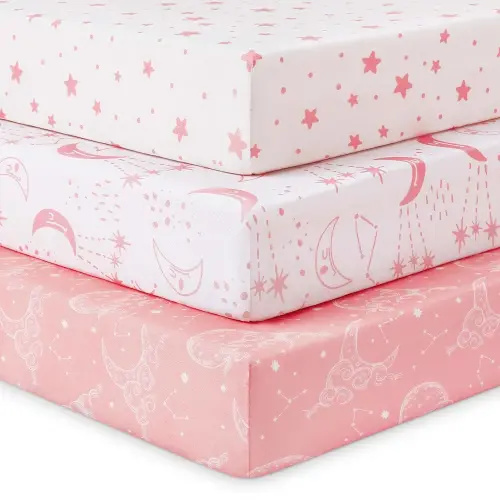 Baby Crib Sheets for Boys Girls, Fitted Crib Sheet Neutral 3 Pack for Standard Crib and Toddler Mattress, Breathable Soft Microfiber Baby Sheet 28x52x8in Pink White Moon