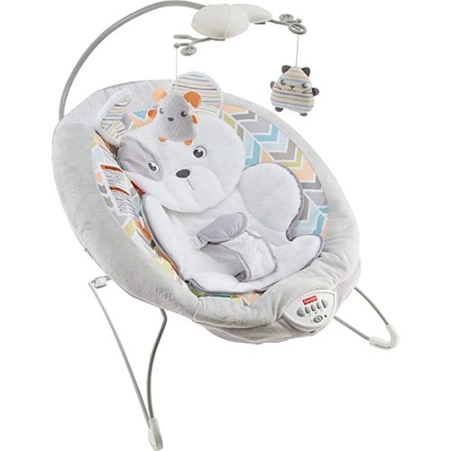 Fisher-Price Sweet Snugapuppy Deluxe Bouncer, Portable Bouncing Baby Seat with Overhead Mobile, Music and Calming Vibrations, White - Snugapuppy FFP
