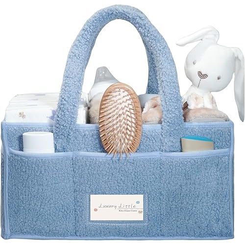 luxury little Diaper Caddy Organizer, Large Cotton Rope Nursery Baby Basket, Changing Table Organizer for Baby Diaper Storage, Portable Car Organizer with Removable Divider (Baby Blue)