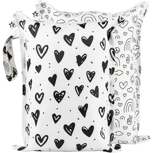 Tiny Twinkle Mess-proof Wet Bags 2 Pack Waterproof and Washable Bag for Travel storage, Stroller, Daycare, Baby Diapers, Yoga, Beach, Pool, Wet Toddler Swimsuits (Black,White)