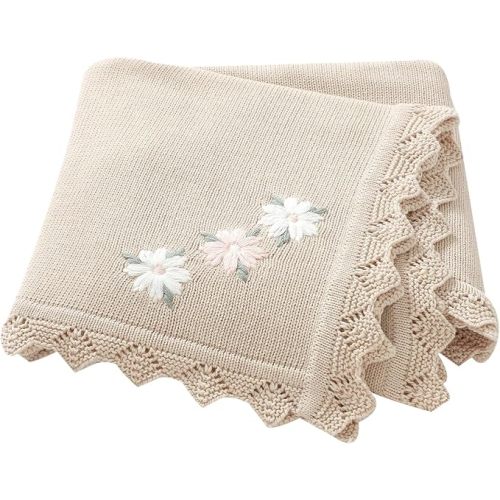 LAWKUL Baby Blanket 100% Traceable Cotton Knit Receiving Blankets Infant Swaddle for Newbron Boy Girls 40"x30" Beige Floral