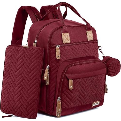 iniuniu Diaper Bag Backpack, 4 in 1 kit Large Unisex Baby Bags for Boys Girls, Waterproof Travel Back Pack with Diaper Pouch, Washable Changing Pad, Pacifier Case and Stroller Straps, Red