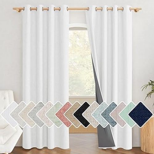 NICETOWN 100% Absolutely Blackout Linen Curtains with Thermal Insulated Grey Liner, Greyish White, 52 inches Wide, 84 inches Length Energy Saving Curtains for Living Room 2 Panels Set, Vertical Blinds