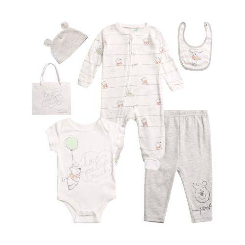 Disney Newborn Baby Girl Boy Clothes - 7 Piece Mickey Mouse Winnie the Pooh Bib Onesie Overall Beanie Pants Gift Bag Gift Set