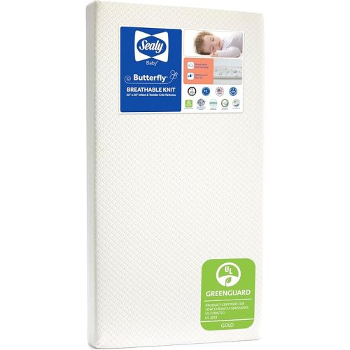 Sealy Baby Butterfly Knit Breathable Crib Mattress, GREENGUARD GOLD Certified, Made in USA, Premium Foam, Washable Easy to Clean Cover, Toddler Bed Fit, Safety & Quality Tested, 52x28"