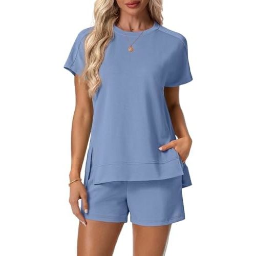 Lepunuo 2 Piece Short Sets for Women Summer Outfits Short Sleeve Tops Elastic Waist Shorts Lounge Set Vacation Travel Outfits