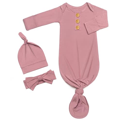 Soft Newborn Knotted Gown with Hairband and Hat, Baby Boy Girl Coming Home Outfit, Sleeper Baby Sleep Gown with Mittens