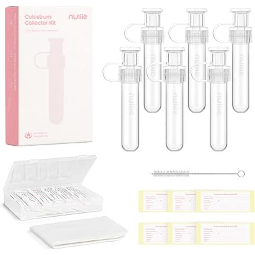 Nuliie Colostrum Collector Kit 7ml/6pcs, Leakproof, Reusable Breast Milk Collector, Heat & Freezer Resistant, BPA-Free, With Cotton Cloth Wipe, Storage Case, Cleaning Brush - Ready-to-Use for Newborns