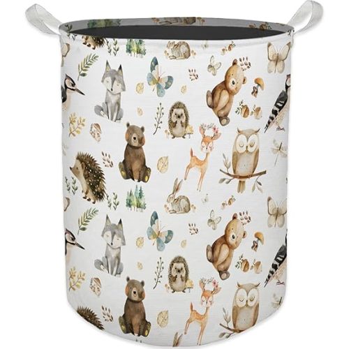Baby Nursery Laundry Basket, Toybox for Boys Girls Room, Forest Animal Laundry Basket Hamper Waterproof Collapsible Clothes Toys Storage Bin Organizer for Kids Room Playroom Bedroom Bathroom