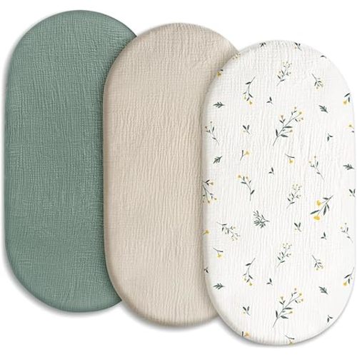 Gllquen Baby Muslin Bassinet Sheets 3 Pack, Breathable Elastic Cozy Fitted Cotton Bassinet Mattress Sheet for Baby Boy Girls, Fit for Hourglass Oval Rectangular Cradle Pad Sheets 33"x17" (Green)