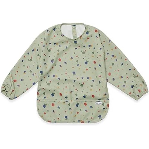 Lalo Smock Bib - Long Sleeve Baby Bib, Elastic Cuffs for Comfort, Large Catch-All Pocket, Waterproof Recycled Polyester - Durable Baby Smock Bib for Mealtime & Playtime - Ages 6-24 Mo. - Sage Pebble