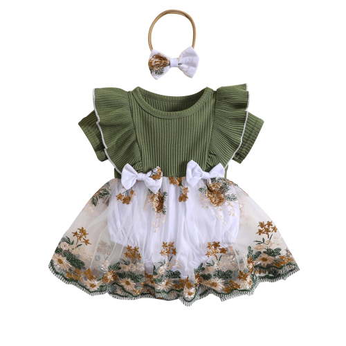 Qtinghua Newborn Baby Girls Boho Romper Dress Embroidery Flower Lace Tutu Photography Princess Clothes Green 3-6 Months