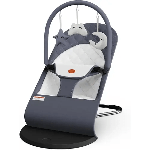 Portable Baby Bouncer Seat for Infants, 0-18 Months, 3 Modes of Use with Rocker & Stationary Options, Ergonomic Infant Chair with Hanging Toys, Baby Shower Gifts – Grey