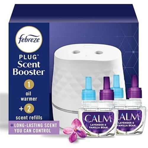 Febreze Plug Scent Booster Starter Kit, Oil Diffuser, Air Freshener Plug in, Continuous Scent Device + 2 Downy Calm Refills
