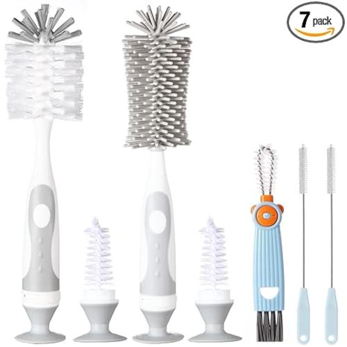 Ariseno 5-in-1 Baby Bottle Cleaner Set, Including Nylon & Silicone Bottle Brush, Cap, Straw & Nipple Brushes, BPA-Free (Grey)