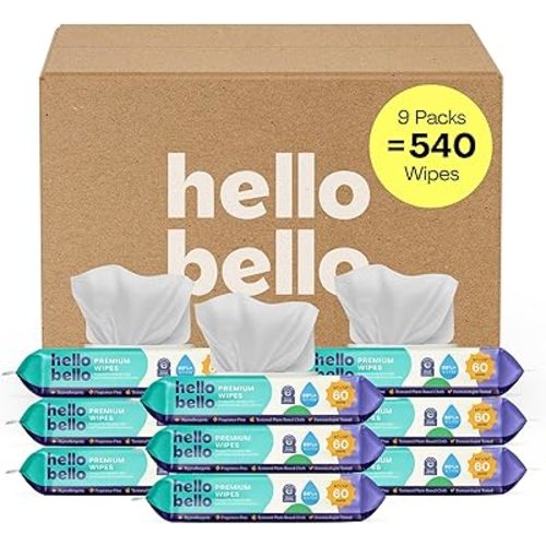 Hello Bello Premium Fragrance-Free Baby Wipes, with Chamomile & Aloe Extracts for Sensitive Skin - 9 Resealable Packs = 540 Total Wipes