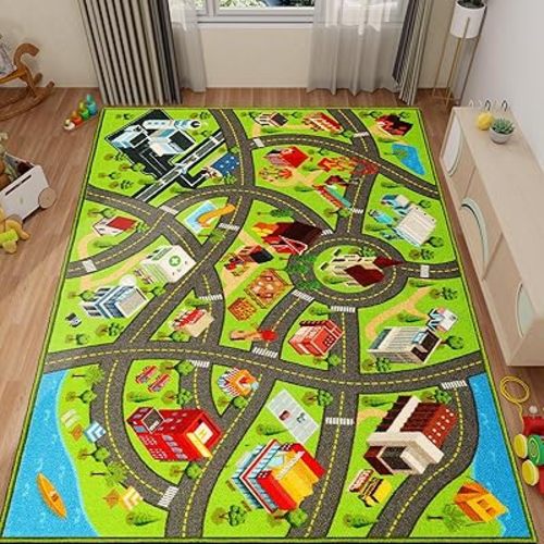 Kids Rugs Traffic Road Carpet for Car City Map Play Rug 5'×6.7' for Playroom Educational Mat Area Rug, Kid Playtime Collection Toddler Car Track Rug Cute Cartoon (City Road A, 59×78.7 in)