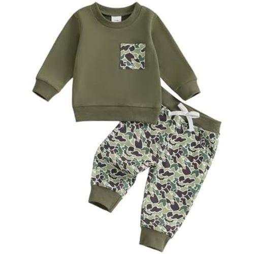Toddler Boy Fall Winter Clothes Baby Camo Outfits Retro Duck Embroidery Hunting Sweatshirts + Camouflage Pants Set