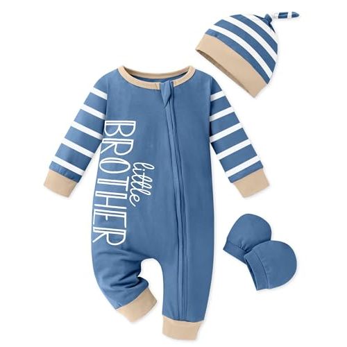 Newborn Baby Boy Clothes Long Sleeve Stripe One Piece Romper with Hat and Gloves Cute Baby Boy Outfits Blue
