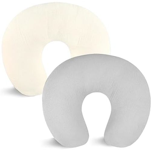 Hooyax Muslin Nursing Pillow Covers 2 Pack, Soft and Breathable Nursing Covers for Breastfeeding Pillows, Adorable Infant Feeding Pillow Slipcover for Baby Boy and Girls (Gray Creamy-White)