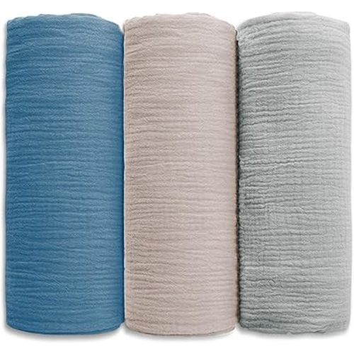 Muslin Swaddle Blankets for Baby Boy Girl,Muslin Newborn Receiving Blankets Set,Soft Breathable Muslin Baby Blanket,Baby Swaddle Blankets 3 Pack (Blue, 3 Pack)