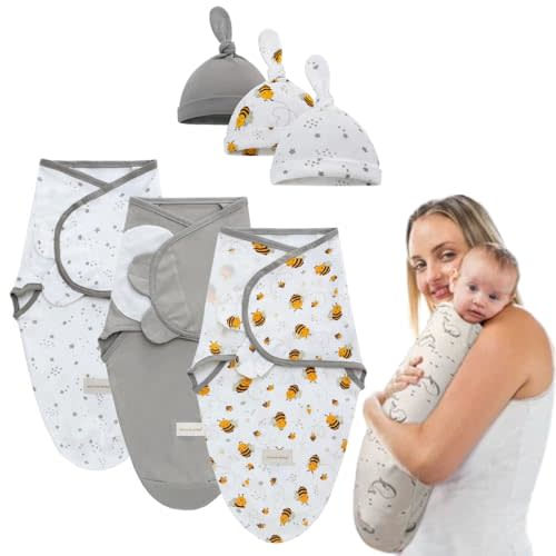 mutualproducts Baby Swaddles with Hats for Newborn Boys and Girls - 3 Pack Organic Cotton Easy Adjustable Swaddle Blanket - Infant Cozy Sleep Sack Baby Swaddle (White Bee, Small/Medium 0-3 Months)