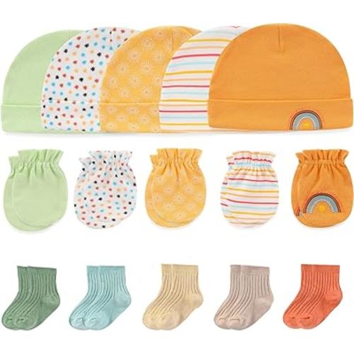 Newborn Baby Boy Girl Caps Mittens Socks Set Cotton Baby Essentials Accessories (Hats+Gloves+Socks)