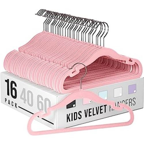 Clothes Baby Hangers for Closets - Unique Notches for Non Slip. Heavy-Duty Velvet Kids & Toddler Hangers for Closet | Ultra Thin Design for Space Saving. Ganchos De Ropa para Bebe (16 Pack Pink)