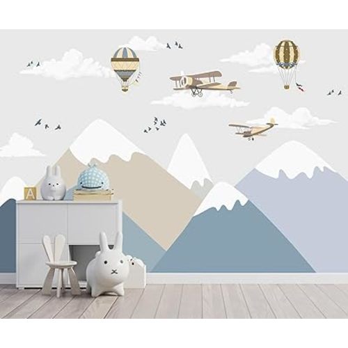 -Children's Room Cartoon Balloon Mountain Fabric Wallpaper Nursery Mural 100" x 65" (Not Peel and Stick)
