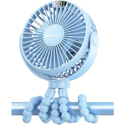 SWEETFULL Portable Stroller Fan, with Display 4000mAh Battery Powered Mini Clip On Fan, 4-Speed Rechargeable Small Personal Fan Handheld Desk Cooling Fan for Baby Car Seat Crib Travel Blue