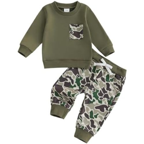 Toddler Boy Fall Winter Clothes Baby Camo Outfits Retro Duck Embroidery Hunting Sweatshirts + Camouflage Pants Set