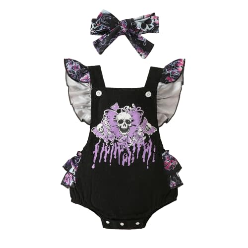 SYOKUP Newborn Infant Baby Girl Halloween Outfit Clothes Skull Romper Ruffle Layer Bodysuit Jumpsuit Photoshoot Party