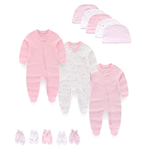 MAMIMAKA Baby Boy Girls Clothes 2-Way Zip Footed Long Sleeve 100% Cotton,Newborn Caps and Scratch Mittens Set 0-6 Months