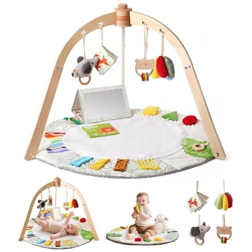 Macabaka Wooden Baby Play Gym & Tummy Time Playmat – Montessori Sensory Activity Mat with 6 Developmental Toys for Fine Motor Skills – for Newborns to Toddlers (0–12M+)