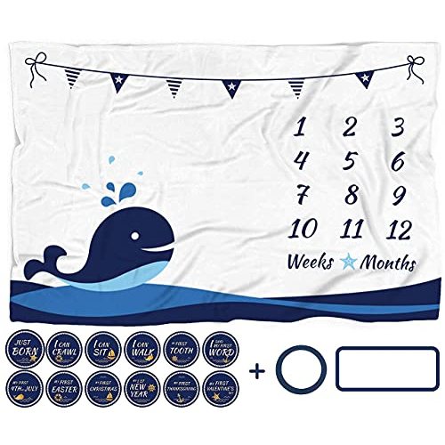 ELLO HOME BABY Milestone Blanket Boy, Whale Month Tracker, First Year Calendar Monthly Growth Chart, Photo Prop Mat, Baby Boy Shower Gifts, Nautical Nursery, (Minky 60"x40")